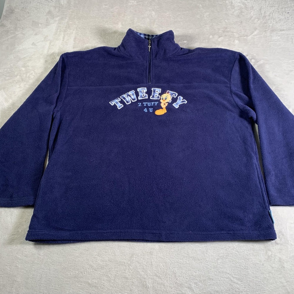 Vintage Tweety Pullover Mens XL Blue Fleece Quarter Zip 2 Tuff 4 U Looney‎ Tunes